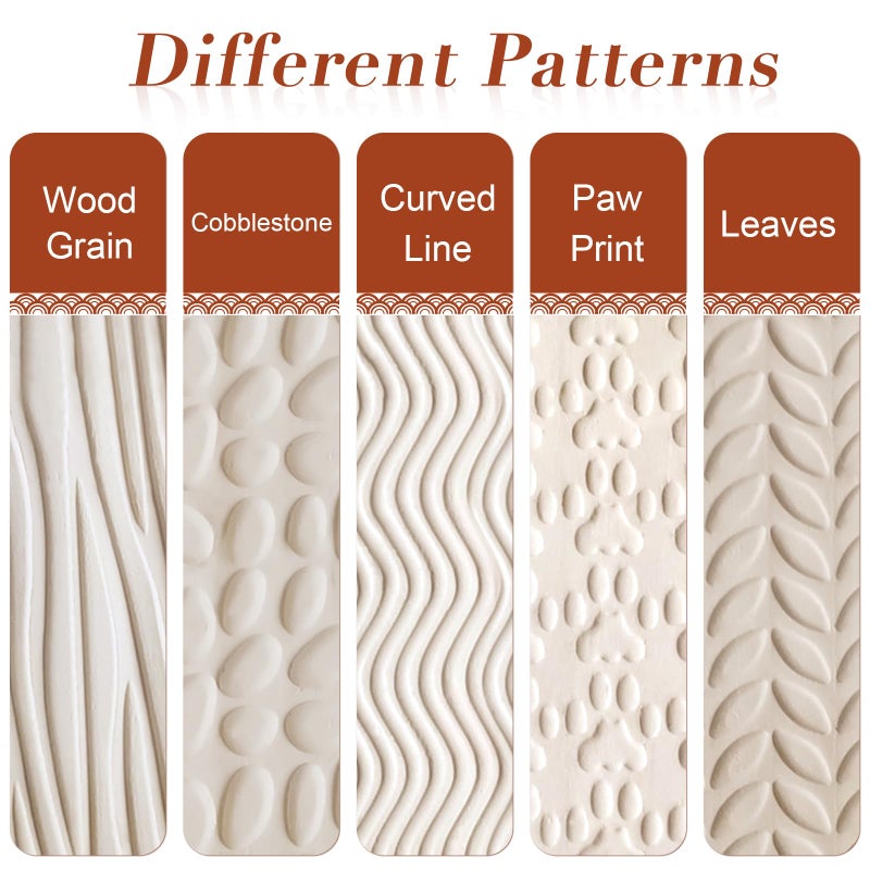 Lzttyee Set of 5 Wooden Handle Pottery Tools Clay Modeling Pattern Rollers Kit Brown (Set of 5) - Image 3
